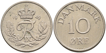 Дания 10 эре 1949 N. S, Фредерик IX (1947-1972) КМ 841.1 медно-никель    4169-166