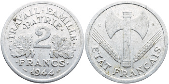 ФРАНЦИЯ 2 ФРАНКА 1944 C ПРАВИТЕЛЬСТВО ВИШИ KM 904.1 алюминий 4389-1042