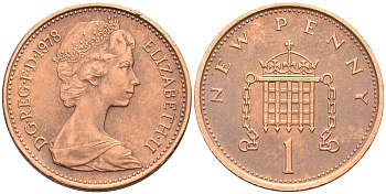 Великобритания 1 пенни 1978 Елизавета II (1952-2022) KM 915, Spink 4237 (B1) бронза 4588-543