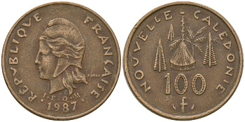 Французская Новая Каледония 100 франков 1987 хижина среди сосен и пальм, (IEOM) KM 15, Schoen 16, Lec 135 никель латунь 4137-1014
