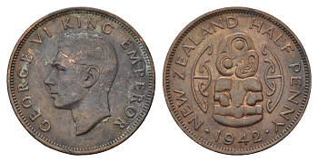 Новая Зеландия 1/2 пенни 1942 Георг VI (1936-1952), божество Хей-Тики KM 12 бронза 89-1354