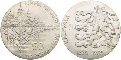 Финляндия 50 марок 1985 P-N, 150 лет национальному эпосу "Калевала" KM 62 серебро 1520-1232