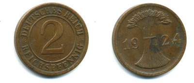 ГЕРМАНИЯ 2 РЕЙХСПФЕННИГА 1924 F KM 38, J. 314 бронза 46-1735