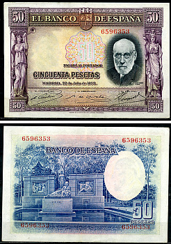 Испания 50 песет 1935 сиреневая, Сантьяго Рамон-и-Кахаль, памятник Pick 88  бумага   6294-44-3-1