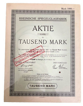 Германия акция на 1000 марок 1922 компании «Rheinische Spiegelglasfabrik» / Рейнская фабрика зеркального стекла бумага 5555-7