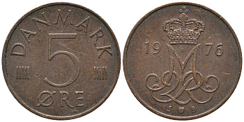 Дания 5 эре 1976 S; B, Маргрете II (1972- ) KM 859.1 железо плакированное медью 116-153