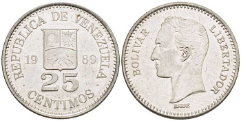 Венесуэла 25 сентимо 1989 Симон Боливар KM 50а сталь плакированная никелем 105-826