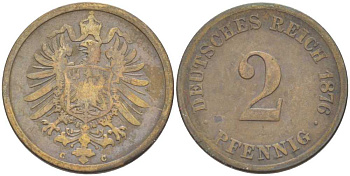 Германия 2 пфеннига 1876 C, старогербовка KM 2, Jager 2, Weege 3 медь 212-635