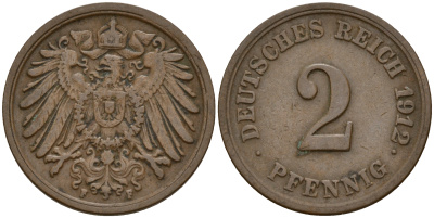 Германия 2 пфеннига 1912 F KM 16, J. 11, Weege 4 медь  4598-613
