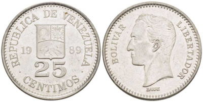 Венесуэла 25 сентимо 1989 Симон Боливар KM 50а сталь плакированная никелем 105-826