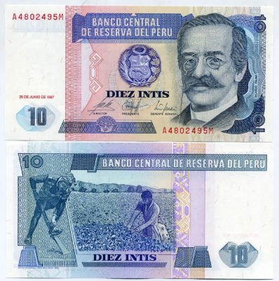 Перу 10 инти 1987 Рикардо Пальма, писатель, ученый, библиотекарь Pick 129 бумага UNC (пресс) 2192-56-2