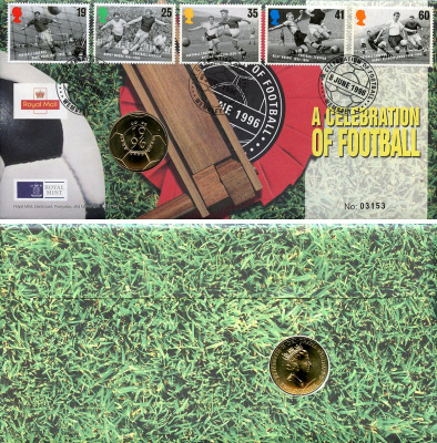 Великобритания 2 фунта 1996 Чемпионат Европы по футболу 1996, в оригинальном конверте, с марками, первый день гашения KM 973, Spink K7 никель латунь BU 4-3-8-06