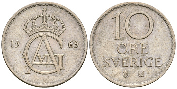 Швеция 10 эре 1969 U Густав VI Адольф (1950-1973) KM 835 медно-никель 4364-3612