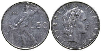 Италия 50 лир 1977 R, бог огня Вулкан у наковальни KM 95.1 сталь    4606-122