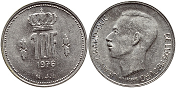 Люксембург 10 франков 1976 Герцог Жан (1964-2000) KM 57 никель 4398-842