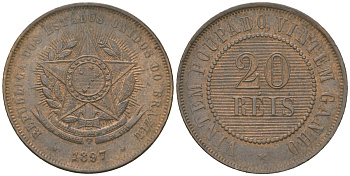 Бразилия 20 реалов 1897 редкий год KM 490 бронза aUNC 4044-234