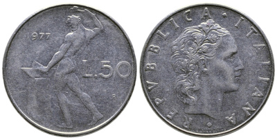 Италия 50 лир 1977 R, бог огня Вулкан у наковальни KM 95.1 сталь    4606-122