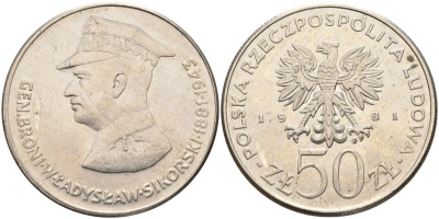 Польша 50 злотых 1981 MW, военачальники Второй мировой войны - Владислав Сикорский Y 122 медно-никель 88-1136