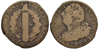 ФРАНЦИЯ 2 СОЛЯ 1792 А, МОНДВОР ПАРИЖ, ЛЮДОВИК XVI (1774-1793) KM 603.1 (С 89.1) бронза 1524-1222