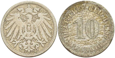 ГЕРМАНИЯ 10 ПФЕННИГОВ 1890 A KM 12, J. 13, Weege 8 медно-никель 261-1236