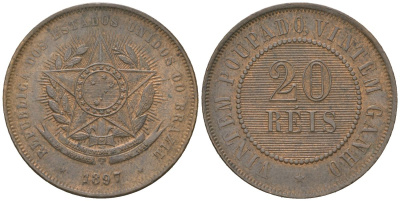 Бразилия 20 реалов 1897 редкий год KM 490 бронза aUNC 4044-234