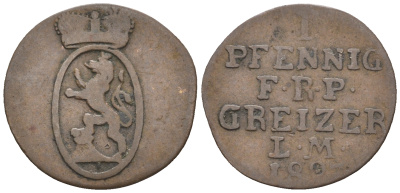 Рейсс-Оберграйц 1 пфенниг 1827 LM KM 102, AKS 11, Jaeger 33 a медь 54-1066