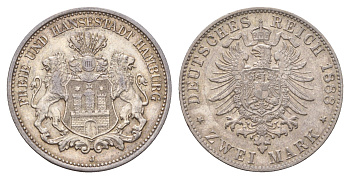 Гамбург 2 марки 1888 J KM 604 серебро 00-814-26
