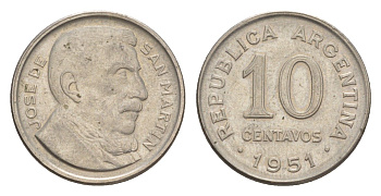 Аргентина 10 сентаво 1951 KM 47 медно-никель 4636-315