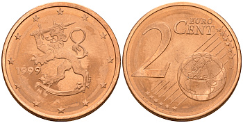 Финляндия 2 евроцента 1999  KM 99 сталь плакированная медью  UNC  4160-338