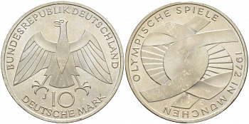 ФРГ 10 марок 1972 J, XX летние Олимпийские игры 1972 года в Мюнхене, символика KM 131, J.402 серебро UNC 69-923
