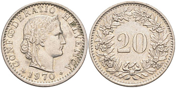 Швейцария 20 раппенов 1970 KM 29a медно-никель 55-923