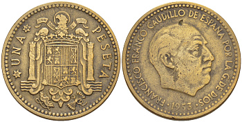 ИСПАНИЯ 1 ПЕСЕТА 1953 (62) ФРАНСИСКО ФРАНКО ДИКТАТОР ИСПАНИИ ( 1939- 1975) KM 775 алюминиевая бронза 216-553