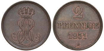 Ганновер 2 пфеннига 1851 B, Эрнст Август (1837-1851) KM 202.1, AKS 124, J. 75 медь 72-415