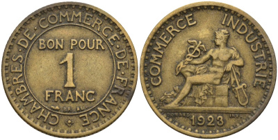 Франция 1 франк 1923 KM 876, Le Franc 218.5 алюминиевая бронза 4142-717