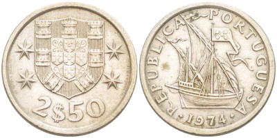 ПОРТУГАЛИЯ 2,5 ЭСКУДО 1974 ПАРУСНИК KM 590 медно-никель 4513-1144