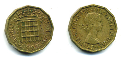 Великобритания 3 пенса 1962 Елизавета II (1952-2022) KM 900, Spink 4153 никель латунь 89-1427