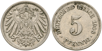 Германия 5 пфеннигов 1908 A KM 11, Jager 12, Weege 6 медно-никель 4364-4527