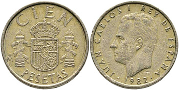 ИСПАНИЯ 100 ПЕСЕТ 1982 ХУАН КАРЛОС I (1975-) KM 826 алюминиевая бронза 111-223