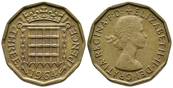 Великобритания 3 пенса 1964 Елизавета II (1952-2022) KM 900, Spink 4153 никель латунь 3999-1221