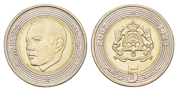 Марокко 5 дирхамов 2002 AH 1423, год-тип Y 119 биметалл UNC 4671-227