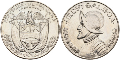 Панама 1/2 бальбоа 1993 бюст Бальбоа влево KM 12b медь плакированная медно-никелем 4367-835