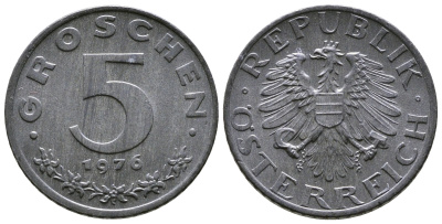 АВСТРИЯ 5 ГРОШЕЙ 1976 KM 2875 цинк UNC 57-1218