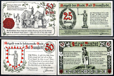 Бад-Брамштедт (Пруссия, Шлезвиг-Гольштейн) полный набор из 2 нотгельдов (25 и 50 пфеннигов) 1920 Mehl Grabowski 150.1-1 бумага UNC (пресс) 7556-51-4-2