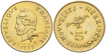 Французские Новые Гебриды 5 франков 1975  KM 6.2 никель-латунь  UNC  4610-535
