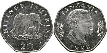 ТАНЗАНИЯ 20 ШИЛЛИНГОВ 1992 ПРЕЗИДЕНТ АЛИ ХАСАН МВИНЬЯ, СЛОНЫ KM 27.2 никелированная сталь 4527-1122