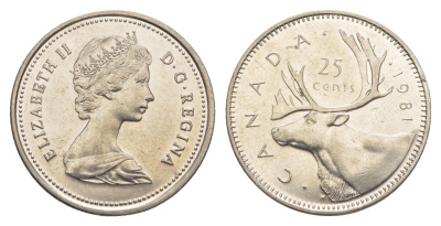 Канада 25 центов 1981 Елизавета II (1952-2022), олень KM 74 никель aUNC 4637-827