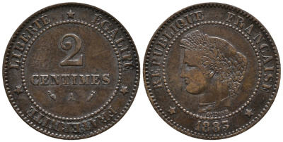 ФРАНЦИЯ 2 САНТИМА 1883 А KM 827.1 бронза 66-135
