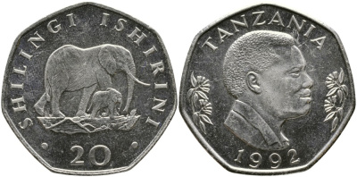 ТАНЗАНИЯ 20 ШИЛЛИНГОВ 1992 ПРЕЗИДЕНТ АЛИ ХАСАН МВИНЬЯ, СЛОНЫ KM 27.2 никелированная сталь 4527-1122