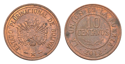 Боливия 10 сентаво 2012 KM 214 сталь плакированная медью 4664-637