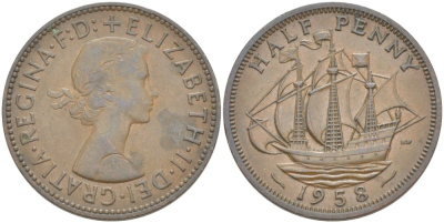 Великобритания 1/2 пенни 1958 Елизавета II (1952-2022) KM 896, Spink 4158 бронза 4544-112